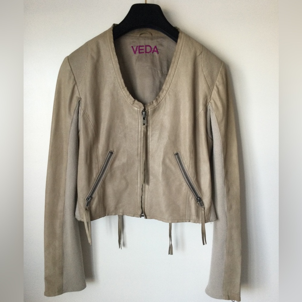 VEDA Cropped Leather Jacket Neutrals Moto Biker Detail $795 Size S